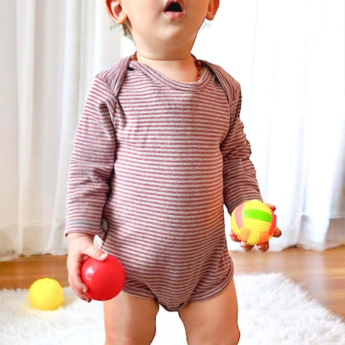 Body Bébé Bio à Manches Longues – Rayé Bordeaux