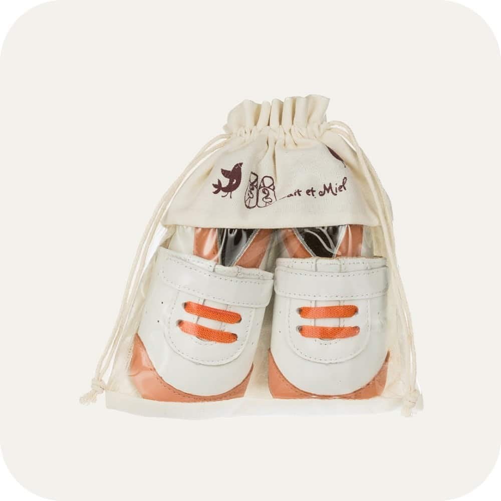 Chaussons bébé en cuir souple – Baskets Blanches et Oranges
