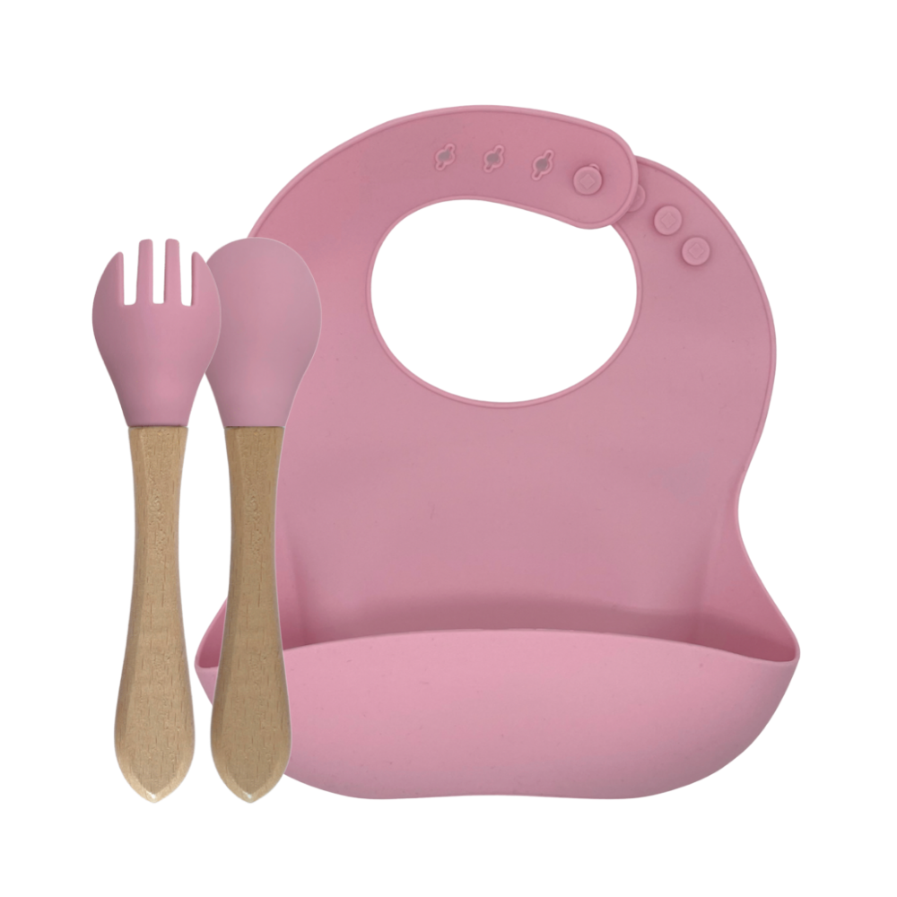Bavoir en silicone & couverts en bambou – Rose